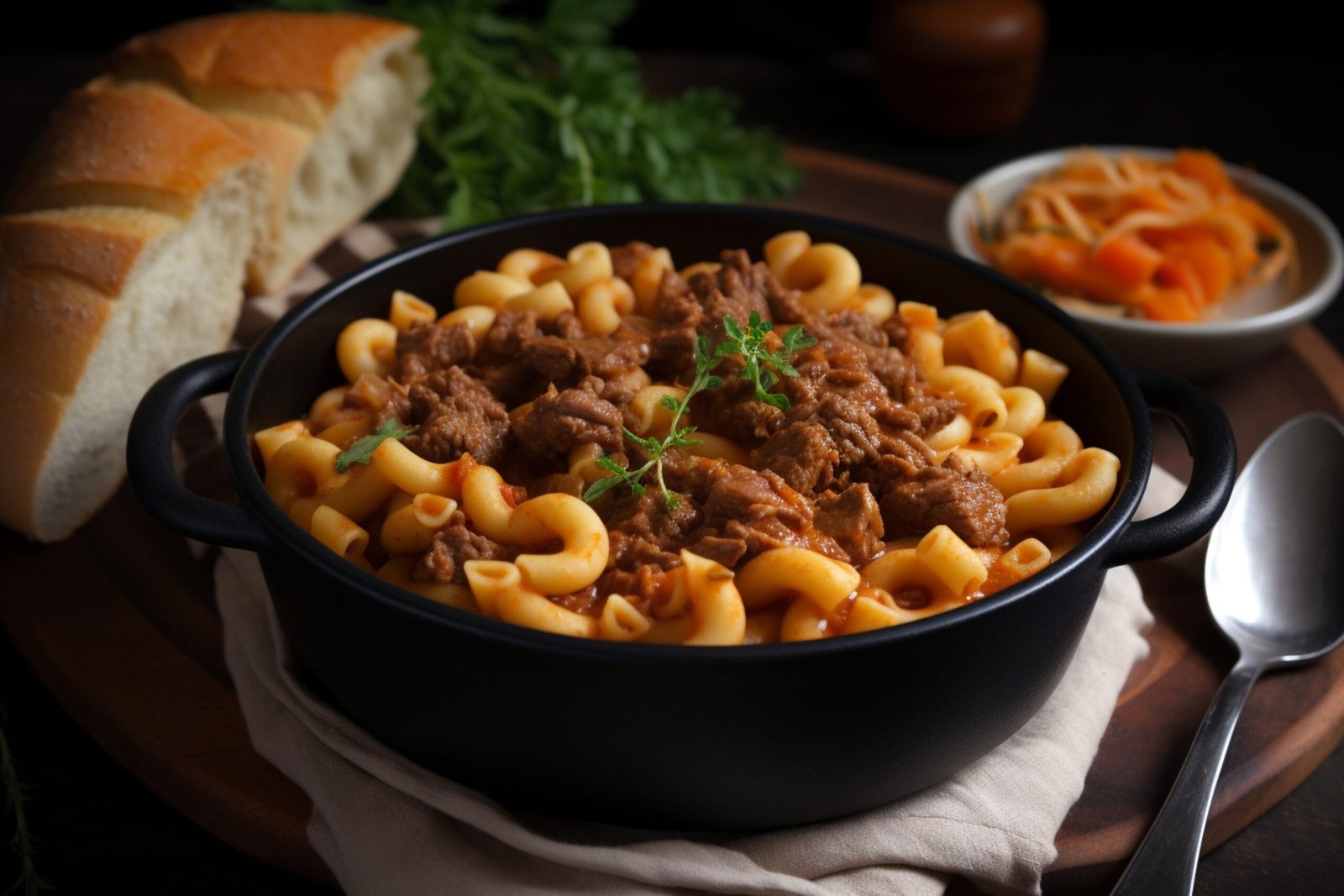 Classic Old-Fashioned Goulash served in a bowl, featuring tender ground beef, macaroni, and a rich tomato sauce, garnished with fresh herbs.
